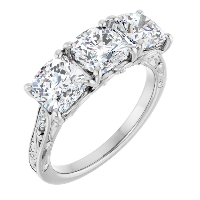 3.33 tcw Cushion Lab-Grown EF/VS1+ Engraved Three Stone Engagement Ring in PLAT | ViewA 3.33 tcw Cushion Lab-Grown EF/VS1+ Engraved Three Stone Engagement Ring in PLAT | ViewA
