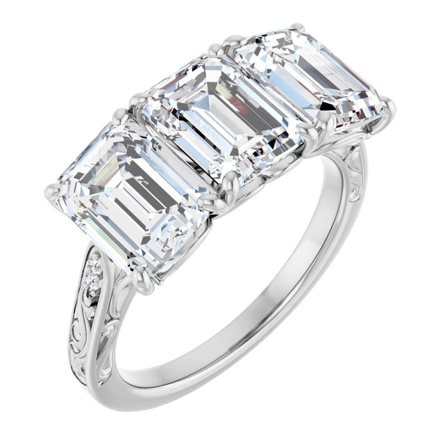 5.28 tcw Emerald Lab-Grown GH/VS2+ Engraved Three Stone Engagement Ring in PLAT | ViewA 5.28 tcw Emerald Lab-Grown GH/VS2+ Engraved Three Stone Engagement Ring in PLAT | ViewA
