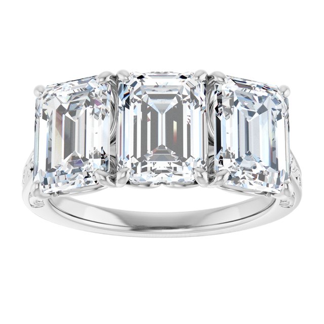 5.28 tcw Emerald Lab-Grown GH/VS2+ Engraved Three Stone Engagement Ring in PLAT | ViewS 5.28 tcw Emerald Lab-Grown GH/VS2+ Engraved Three Stone Engagement Ring in PLAT | ViewS