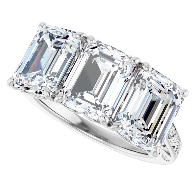 5.28 tcw Emerald Lab-Grown GH/VS2+ Engraved Three Stone Engagement Ring in PLAT | View5 5.28 tcw Emerald Lab-Grown GH/VS2+ Engraved Three Stone Engagement Ring in PLAT | View5
