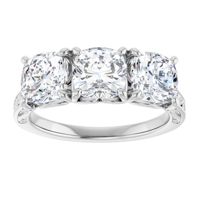 3.33 tcw Cushion Lab-Grown EF/VS1+ Engraved Three Stone Engagement Ring in PLAT | ViewS 3.33 tcw Cushion Lab-Grown EF/VS1+ Engraved Three Stone Engagement Ring in PLAT | ViewS