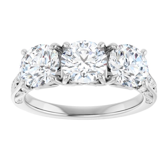 2.43 tcw Round Diamond GH/VS2+ Engraved Three Stone Engagement Ring in PLAT | ViewS 2.43 tcw Round Diamond GH/VS2+ Engraved Three Stone Engagement Ring in PLAT | ViewS