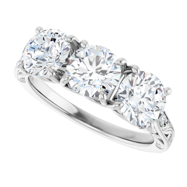 2.43 tcw Round Diamond GH/VS2+ Engraved Three Stone Engagement Ring in PLAT | View5 2.43 tcw Round Diamond GH/VS2+ Engraved Three Stone Engagement Ring in PLAT | View5