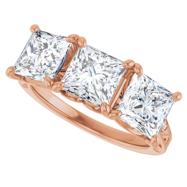 3.93 tcw Square Diamond GH/VS2+ Engraved Three Stone Engagement Ring in 14KR | View5 3.93 tcw Square Diamond GH/VS2+ Engraved Three Stone Engagement Ring in 14KR | View5
