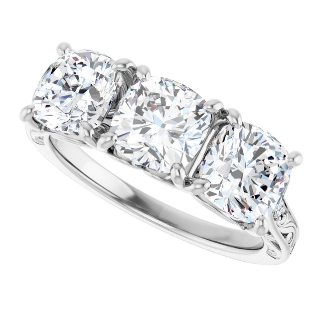 3.33 tcw Cushion Lab-Grown EF/VS1+ Engraved Three Stone Engagement Ring in PLAT | View5 3.33 tcw Cushion Lab-Grown EF/VS1+ Engraved Three Stone Engagement Ring in PLAT | View5