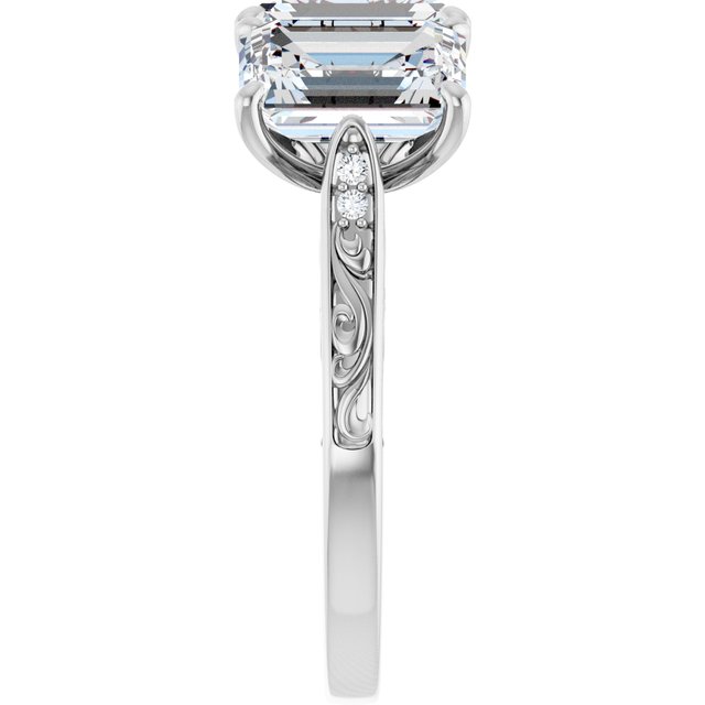 5.28 tcw Emerald Lab-Grown GH/VS2+ Engraved Three Stone Engagement Ring in PLAT | ViewE 5.28 tcw Emerald Lab-Grown GH/VS2+ Engraved Three Stone Engagement Ring in PLAT | ViewE