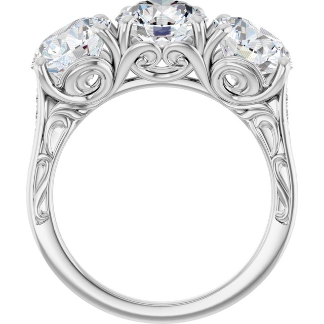 4.53 tcw Round Moissanite DEF/VVS Engraved Three Stone Engagement Ring in 14KW | ViewB_4 4.53 tcw Round Moissanite DEF/VVS Engraved Three Stone Engagement Ring in 14KW | ViewB_4
