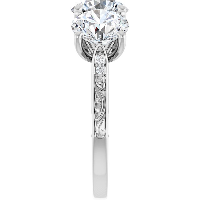 4.53 tcw Round Moissanite DEF/VVS Engraved Three Stone Engagement Ring in 14KW | ViewE 4.53 tcw Round Moissanite DEF/VVS Engraved Three Stone Engagement Ring in 14KW | ViewE