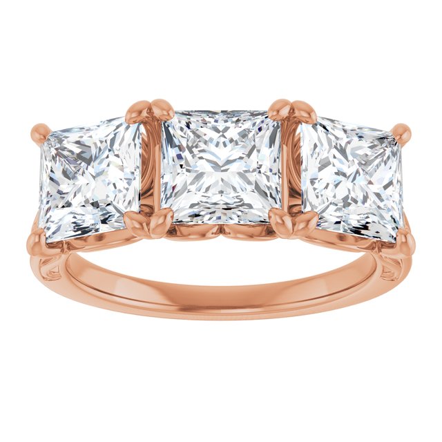 3.93 tcw Square Diamond GH/VS2+ Engraved Three Stone Engagement Ring in 14KR | ViewS 3.93 tcw Square Diamond GH/VS2+ Engraved Three Stone Engagement Ring in 14KR | ViewS