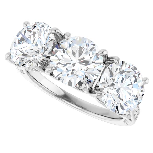 4.53 tcw Round Moissanite DEF/VVS Engraved Three Stone Engagement Ring in 14KW | View5 4.53 tcw Round Moissanite DEF/VVS Engraved Three Stone Engagement Ring in 14KW | View5