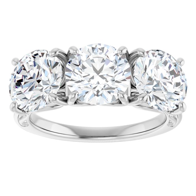 4.53 tcw Round Moissanite DEF/VVS Engraved Three Stone Engagement Ring in 14KW | ViewS 4.53 tcw Round Moissanite DEF/VVS Engraved Three Stone Engagement Ring in 14KW | ViewS