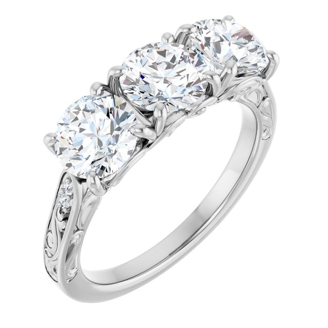 2.43 tcw Round Diamond GH/VS2+ Engraved Three Stone Engagement Ring in PLAT | ViewA 2.43 tcw Round Diamond GH/VS2+ Engraved Three Stone Engagement Ring in PLAT | ViewA