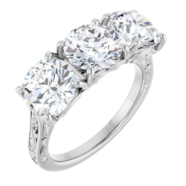 4.53 tcw Round Moissanite DEF/VVS Engraved Three Stone Engagement Ring in 14KW | ViewA 4.53 tcw Round Moissanite DEF/VVS Engraved Three Stone Engagement Ring in 14KW | ViewA