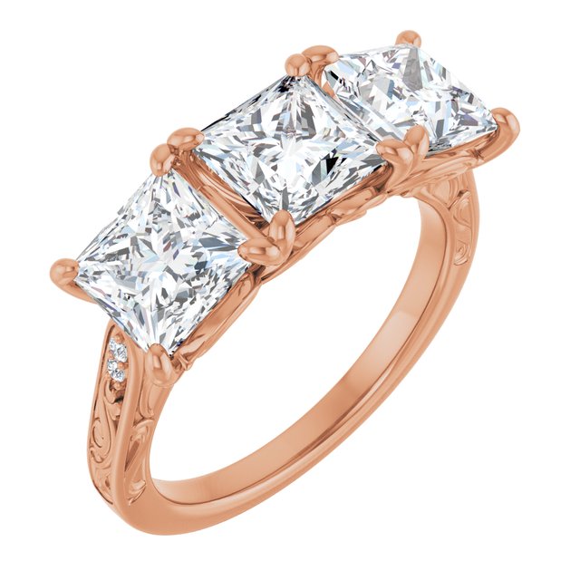 3.93 tcw Square Diamond GH/VS2+ Engraved Three Stone Engagement Ring in 14KR | ViewA 3.93 tcw Square Diamond GH/VS2+ Engraved Three Stone Engagement Ring in 14KR | ViewA