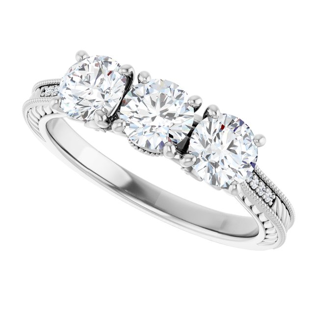 1.53 tcw Round Lab-Grown GH/VS2+ Engraved Three Stone Engagement Ring in PLAT | View5 1.53 tcw Round Lab-Grown GH/VS2+ Engraved Three Stone Engagement Ring in PLAT | View5