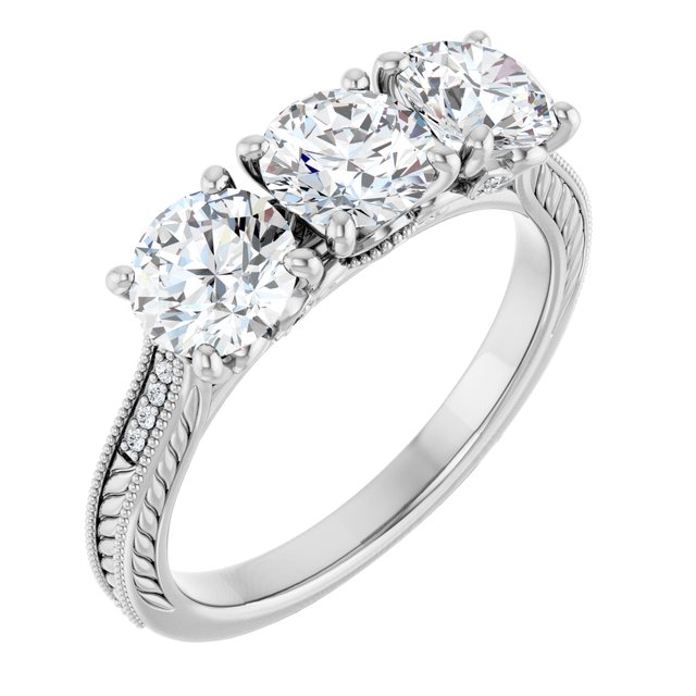 1.85 tcw Round Moissanite DEF/VVS Engraved Three Stone Engagement Ring in 14KW | ViewA