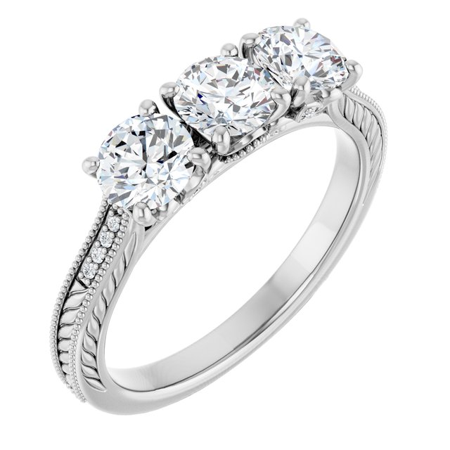 1.53 tcw Round Lab-Grown GH/VS2+ Engraved Three Stone Engagement Ring in PLAT | ViewA 1.53 tcw Round Lab-Grown GH/VS2+ Engraved Three Stone Engagement Ring in PLAT | ViewA