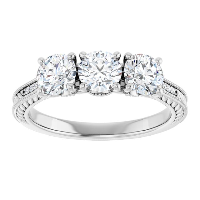 1.53 tcw Round Lab-Grown GH/VS2+ Engraved Three Stone Engagement Ring in PLAT | ViewS 1.53 tcw Round Lab-Grown GH/VS2+ Engraved Three Stone Engagement Ring in PLAT | ViewS