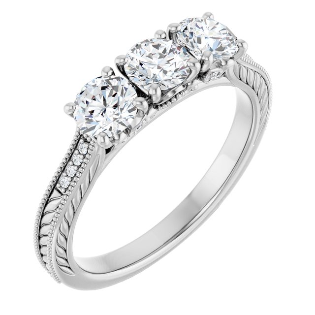 1.02 tcw Round Diamond GH/VS2+ Engraved Three Stone Engagement Ring in 14KW | ViewA