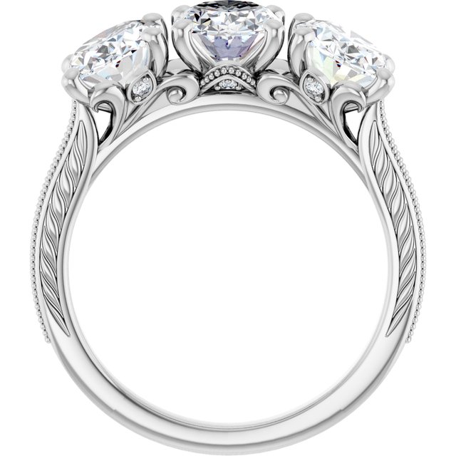 4.55 tcw Oval Moissanite DEF/VVS Engraved Three Stone Engagement Ring in 14KW | ViewB_4 4.55 tcw Oval Moissanite DEF/VVS Engraved Three Stone Engagement Ring in 14KW | ViewB_4