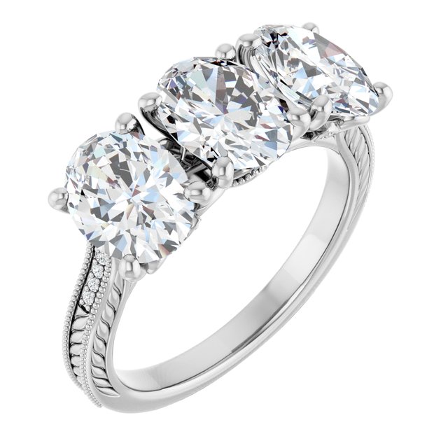 4.55 tcw Oval Moissanite DEF/VVS Engraved Three Stone Engagement Ring in 14KW | ViewA 4.55 tcw Oval Moissanite DEF/VVS Engraved Three Stone Engagement Ring in 14KW | ViewA