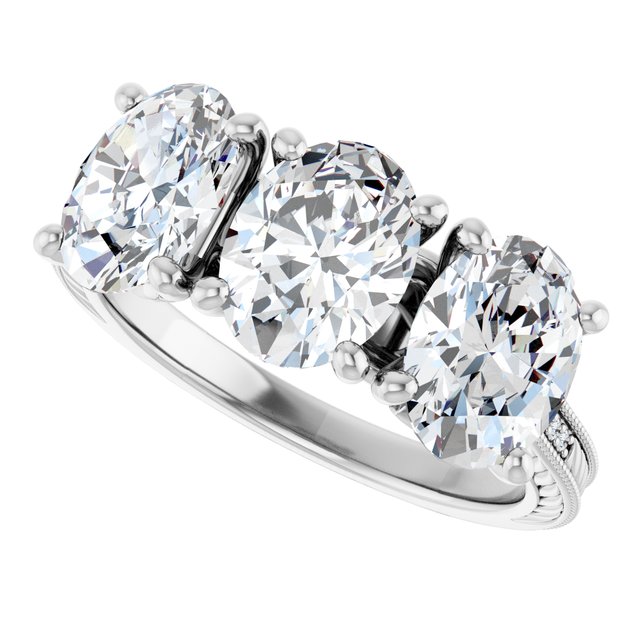 4.55 tcw Oval Moissanite DEF/VVS Engraved Three Stone Engagement Ring in 14KW | View5 4.55 tcw Oval Moissanite DEF/VVS Engraved Three Stone Engagement Ring in 14KW | View5