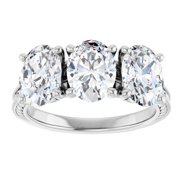4.55 tcw Oval Moissanite DEF/VVS Engraved Three Stone Engagement Ring in 14KW | ViewS 4.55 tcw Oval Moissanite DEF/VVS Engraved Three Stone Engagement Ring in 14KW | ViewS