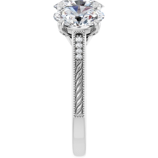 4.55 tcw Oval Moissanite DEF/VVS Engraved Three Stone Engagement Ring in 14KW | ViewE 4.55 tcw Oval Moissanite DEF/VVS Engraved Three Stone Engagement Ring in 14KW | ViewE