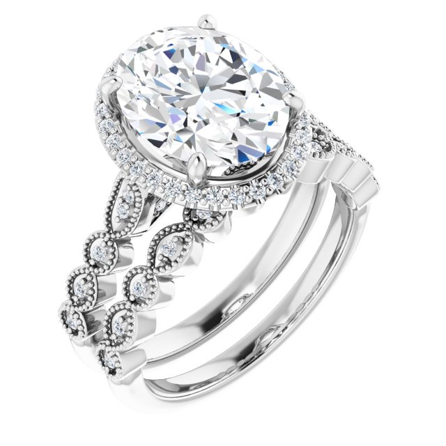 4.42 Tcw Oval Moissanite DEF/VVS Vintage Halo Engagement Ring in 14KW | AllComponents_ViewA
