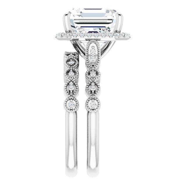 5.49 Tcw Asscher Moissanite DEF/VVS Vintage Halo Engagement Ring in PLAT | AllComponents_ViewE 5.49 Tcw Asscher Moissanite DEF/VVS Vintage Halo Engagement Ring in PLAT | AllComponents_ViewE