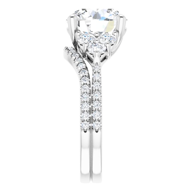 4.32 tcw Round Moissanite DEF/VVS Trellis Three Stone Engagement Ring in 14KW | AllComponents_ViewE 4.32 tcw Round Moissanite DEF/VVS Trellis Three Stone Engagement Ring in 14KW | AllComponents_ViewE