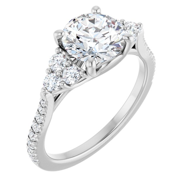 1.93 tcw Round Moissanite DEF/VVS Trellis Three Stone Engagement Ring in 14KW | ViewA