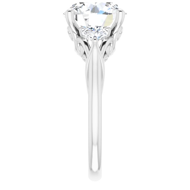 4.06 tcw Round Moissanite DEF/VVS Sculptural Three Stone Engagement Ring in 14KW | ViewE 4.06 tcw Round Moissanite DEF/VVS Sculptural Three Stone Engagement Ring in 14KW | ViewE